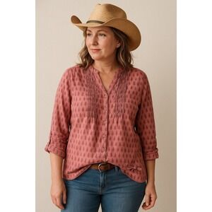 Sundance Pink Graphic Print V Neck Tunic Top Womens PM Cowgirlcore Western Aztec